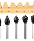 Premium Carbide Tipped V Groove Router Bits Deliver Rock Solid Accuracy For Daily Shop Work Featuring Straight Fire Results And A Battle Ready 1/4 Inch Shank For Smooth Carving Projects, set of five with angles 30 to 120 degrees.