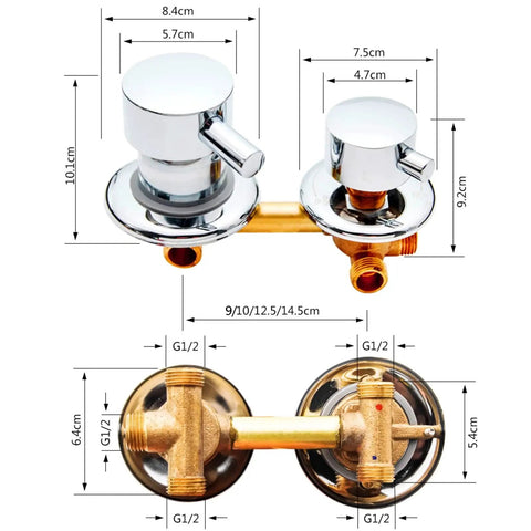 Solid Build 5 Way Brass Shower Diverter Valve With No Sweat Ceramic Cartridge, detailed view with dimensions and fittings.
