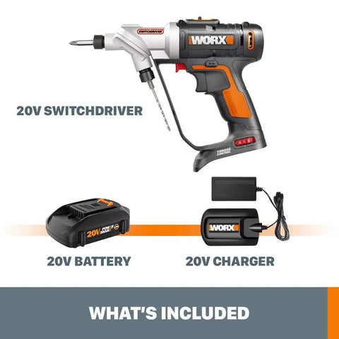 Power Share Switchdriver 20V Cordless Drill And Driver, 2-In-1 Tool With Dual Bit Head For Quick Bit Swaps, Pilot Hole Then Screw In One Go, Auto Torque Control Prevents Stripping, Includes 2.0Ah Battery for DIY Projects