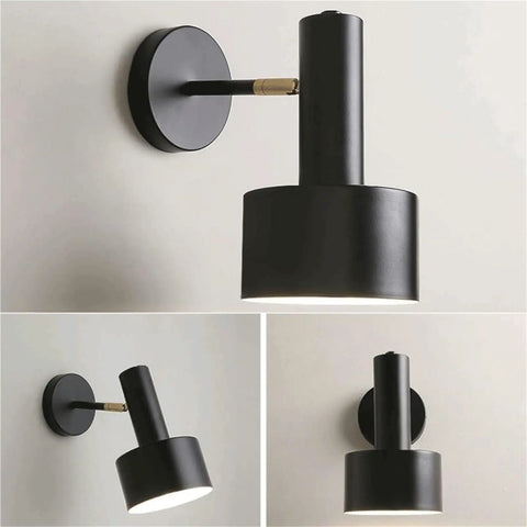 Modern Nordic Black Metal Wall Sconce Adjustable E26LED Spotlight Bedside Reading Lamp Minimalist Industrial Style Accent Lighting Fixture for Bedroom Living Room Hallway(Black) with round plate and adjustable head.