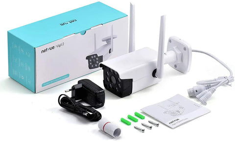 Outdoor No-Fuss Security Camera 1080P WiFi with Night Vision and 8X Digital Zoom, accessories and packaging