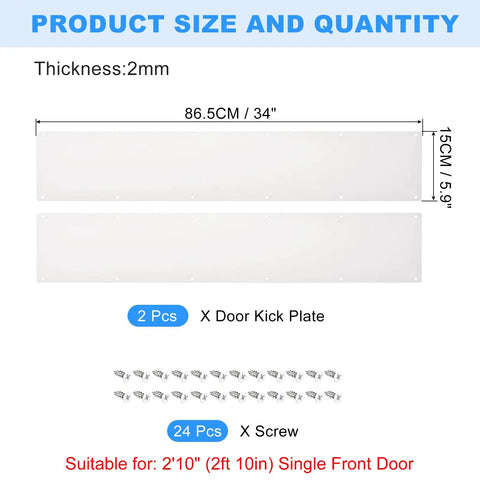 Heavy Duty Two Pack Aluminum Door Kick Plate Scuff Guard For Exterior Front Door Protection Six By Thirty Four Inches with 24 screws.