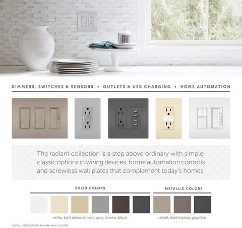 Screwless 1 Gang Decorator Wall Plates 20 Pack displayed in a modern kitchen setting with various color options.