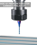 Upcut spiral router bit with 1/4 in shank and 1/16 in cutting diameter, blue nano-coated solid carbide