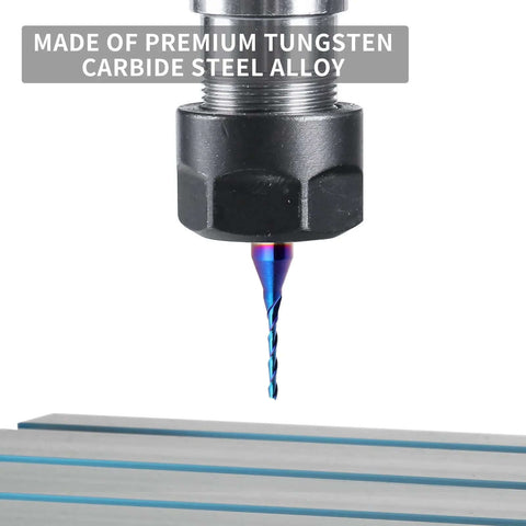 Upcut spiral router bit with 1/4 in shank and 1/16 in cutting diameter, blue nano-coated solid carbide