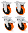 Heavy Duty Beefy Caster Wheels Set Of Four Locking Casters With Dual Ball Bearings Smooth Swivel, orange polyurethane wheels.
