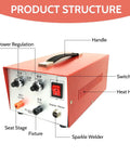 Front view of red Handheld Jewelry Spot Welder 30 Amp For Gold Silver Platinum And K Gold Pro Pulse Arc with labeled parts.