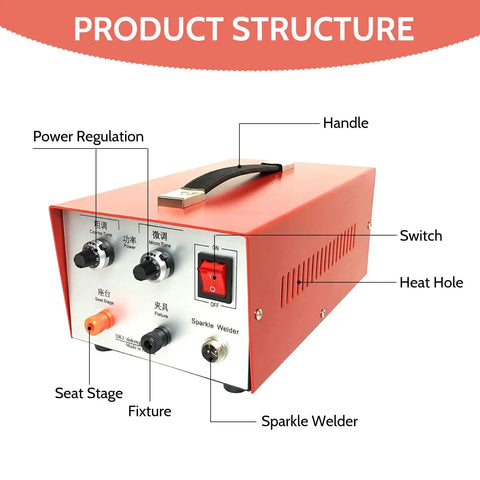 Front view of red Handheld Jewelry Spot Welder 30 Amp For Gold Silver Platinum And K Gold Pro Pulse Arc with labeled parts.