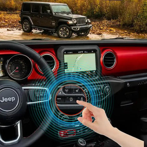 Auto Start Stop Eliminator For Jeep Wrangler JL JLU 2018 Through 2026 And Gladiator JT 2020 Through 2026 dashboard view with hand