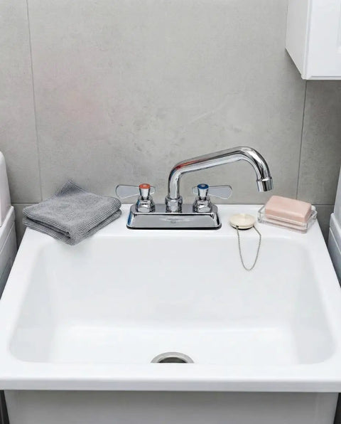 Lead-Free 4 Inch Deck Mount Commercial Kitchen Sink Faucet 8" Swivel Spout above a white sink with towels nearby.