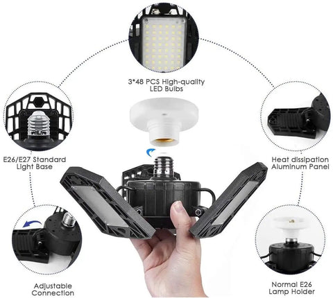 Ultra Bright Garage LED Ceiling Lights Pack Of 2, 6000 Lumen 6500K Daylight, E26 base with foldable three leaf panels