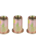 Must Have 100 Piece Metric Rivnut Nutsert Set Flat Head Rivet Nuts In 3mm And 4mm, 5mm And 6mm, 8mm And 10mm, Plus 12mm, Carbon Steel, Blind Insert Nuts, Heavy Duty Fastening Kit For Metalworking And DIY Projects, three rivnuts