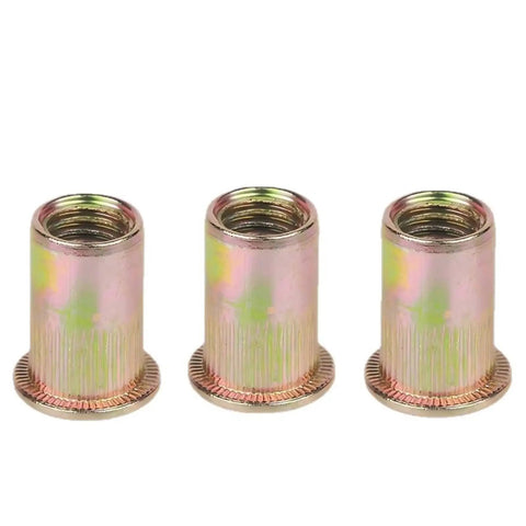 100 Piece Carbon Steel Rivet Nuts Blind Insert Set With Flat Heads And Knurled Grip For 3/4 To 12mm Thick Sheet Metal Fastening Projects - close-up of three rivet nuts