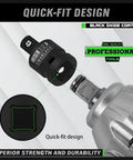 Quick-fit design of Five-Piece Cr-V Steel Impact Socket Adapters Set, 3/8 Inch Drive, Black Oxide Finish, Drop Forged And Heat Treated.