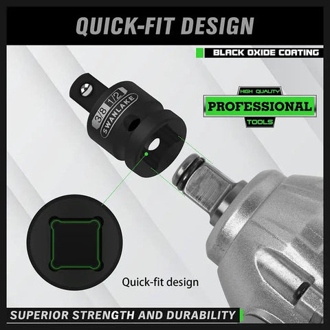 Quick-fit design of Five-Piece Cr-V Steel Impact Socket Adapters Set, 3/8 Inch Drive, Black Oxide Finish, Drop Forged And Heat Treated.