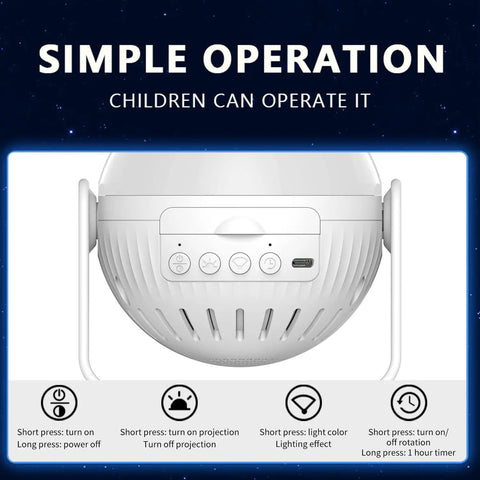 Simple operation buttons on 7 In 1 Planetarium Projector For Kids Room Decor With HD Focus, 360 Degree Rotating Ceiling Night Light