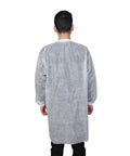 Back view of Pack Of 10 Disposable Lab Coats For Adults Large With Two Pockets And Knitted Collar And Cuffs, Front Snap Closure