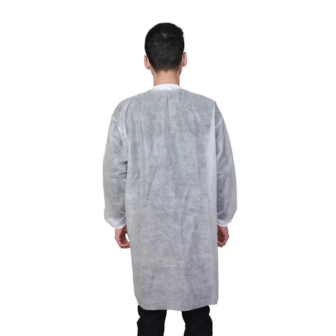 Back view of Pack Of 10 Disposable Lab Coats For Adults Large With Two Pockets And Knitted Collar And Cuffs, Front Snap Closure