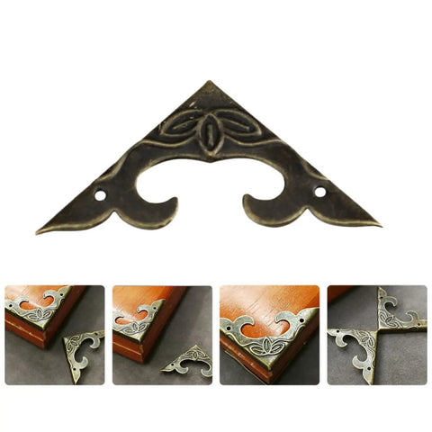 Triangular Carved Box Corner Protectors Set, Metal Safety Guards, retro design on wooden box, close-up of iron detail