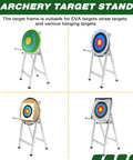 Foldable Archery Target Stand For Backyard Practice with various targets displayed, built tough steel construction, portable outdoor target support.