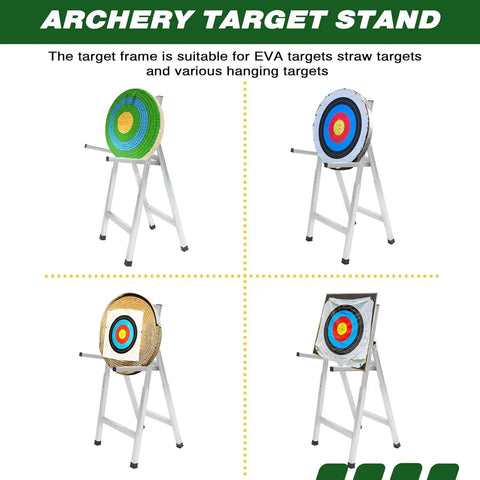 Foldable Archery Target Stand For Backyard Practice with various targets displayed, built tough steel construction, portable outdoor target support.