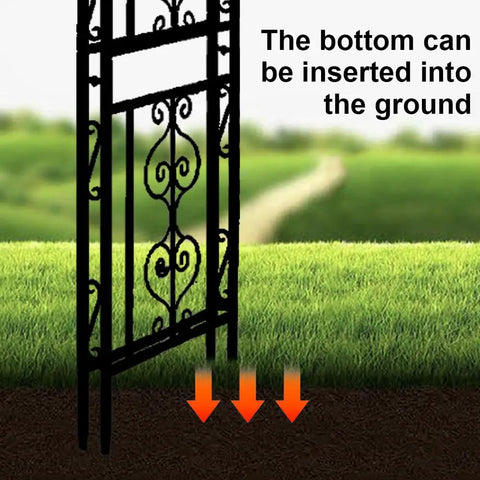 Sturdy Black Metal Garden Arbor Trellis For Climbing Plants And Flowers, Outdoor Wedding Arch For Ceremony showing ground insertion.