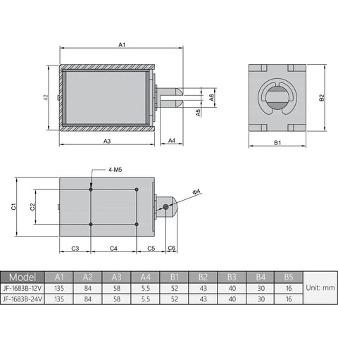 12V DC Push Pull Open Frame Solenoid Electromagnet With 80N Force And 15mm Stroke, dimensioned technical drawing, 52x58x84 mm