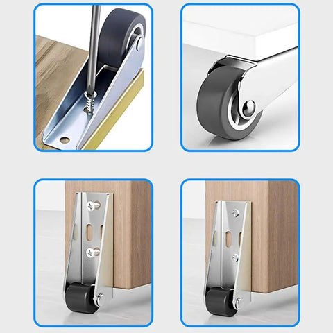Heavy Duty Stainless Steel Swivel Caster Wheels For Sliding Doors And Furniture, Rust Resistant Flat Bottom Roller Hardware Kit showing installation.