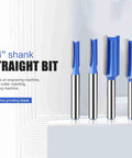 Heavy Duty 4 Piece Flush Trim Router Bit Set with 6Mm Shank And Bearing For Smooth Woodworking On Drawers Cabinets and Custom Projects Made Of Super Hard Steel To Prevent Kickback, showing blue straight bits with 1/4 inch shank.