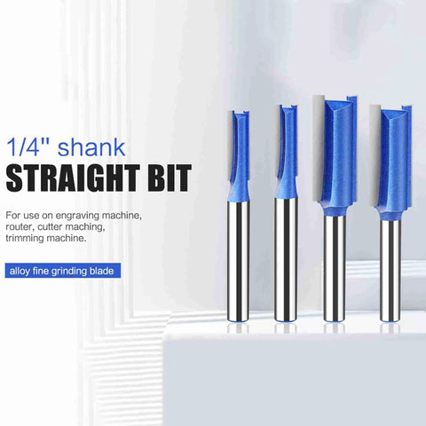 Heavy Duty 4 Piece Flush Trim Router Bit Set with 6Mm Shank And Bearing For Smooth Woodworking On Drawers Cabinets and Custom Projects Made Of Super Hard Steel To Prevent Kickback, showing blue straight bits with 1/4 inch shank.