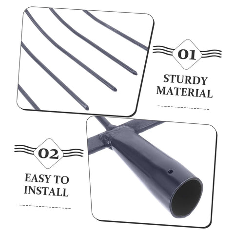Close-up of multi functional iron manure fork for maintenance and garden cleanup with sturdy tines and easy installation handle.