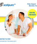 Man and woman smiling in kitchen with text promoting pure water filter technology.