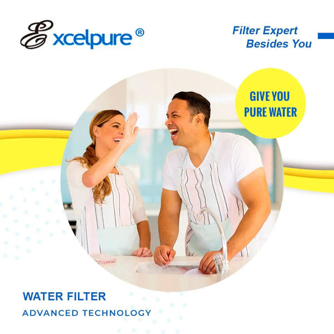Man and woman smiling in kitchen with text promoting pure water filter technology.