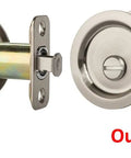 Round Privacy Pocket Door Latch With Sliding Handle, inside and outside view, Aged Satin Nickel Finish, 2-3/8 Backset