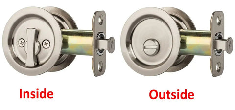 Round Privacy Pocket Door Latch With Sliding Handle, inside and outside view, Aged Satin Nickel Finish, 2-3/8 Backset