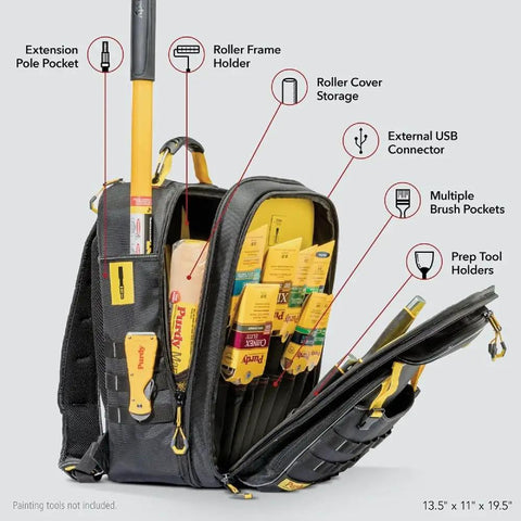 Pro Painter Backpack Organizer For Jobsite Tools With Removable Wet Pouch includes tool pockets, brush holders, and black finish