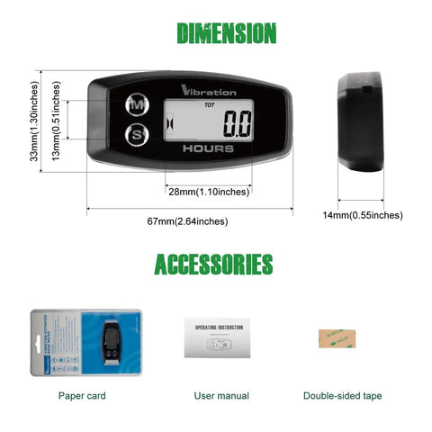Vibration Hour Meter IP67 Waterproof With Adjustable Sensitivity Low Medium High For Gas And Diesel Equipment, Tracks Total Hours And Resettable Job Hours, Helps Plan Maintenance And Service Intervals, 67x33x14mm with manual and tape