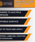 GTSE branding with benefits of Wide Masking Tape 2 Roll Pack, 3 Inches By 55 Yards Each, Low Tack Painter Tape for delicate surfaces.
