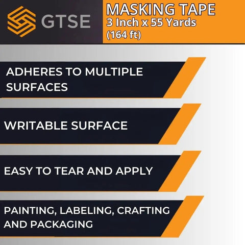 GTSE branding with benefits of Wide Masking Tape 2 Roll Pack, 3 Inches By 55 Yards Each, Low Tack Painter Tape for delicate surfaces.
