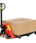 Real Deal Heavy Duty Manual High Lift Skid Jack Truck for Single Faced Pallets with wide poly steer wheels, lifting boxes.