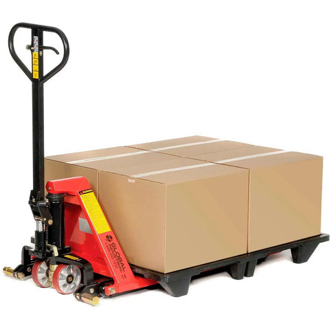 Real Deal Heavy Duty Manual High Lift Skid Jack Truck for Single Faced Pallets with wide poly steer wheels, lifting boxes.
