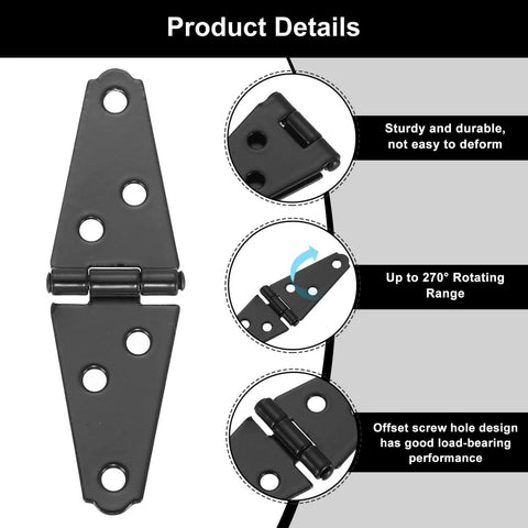 Six Pack Strap Hinges Set, 2 Inch Heavy Duty Shed Door Hinges with Screws, black tee gate hinge details and features