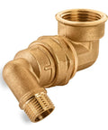 Brass forged pipe elbow, 1/2 in male x 3/4 in female, 90-degree street elbow, angled side view