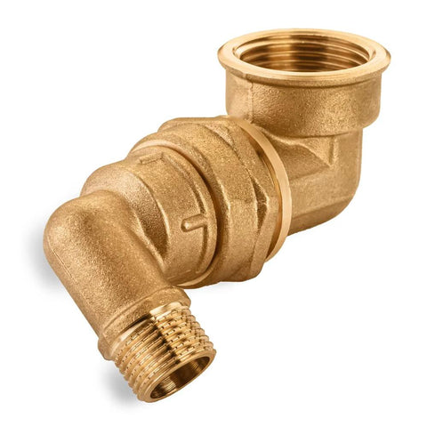 Brass forged pipe elbow, 1/2 in male x 3/4 in female, 90-degree street elbow, angled side view