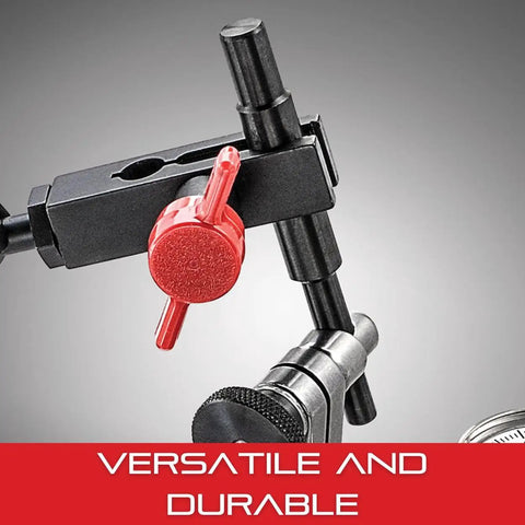 Indicator Holding Rod For Magnetic Base Indicator Holder 3 Eighths Inch Diameter, 3 Inch Length, tool showing red clamp, and precision fitting.
