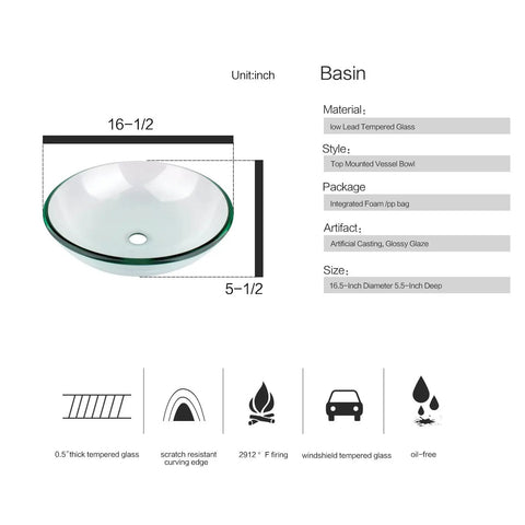 Crystal Glass Vessel Sink With Faucet Set For Bathroom Vanity, Round Bowl Design, Tempered Glass Build, Modern Chrome Faucet, 16.5 Inch Wide, Sleek Easy Install, Durable And Stylish