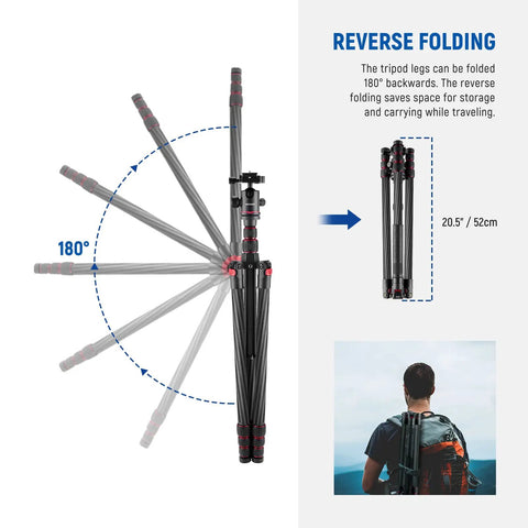 Top Tier Carbon Fiber Camera Tripod And Monopod Travel Stand delivering rock solid stability, showing 180° reverse folding for compact travel.