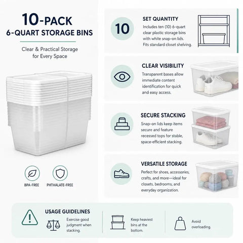 Clear Plastic Storage Bins 6 Quart With White Snap On Lids Stackable Set Of Ten stacked storage bins with snap lids for organization.