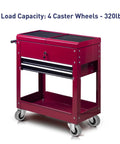 Red rolling cart with 2 Inch Heavy Duty Rubber Caster Wheels Set Of 4 With Swivel Plate Castors 320 Lb Total Capacity, shown with closed toolbox.