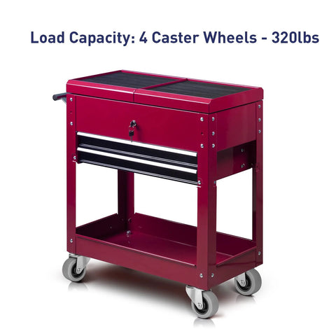 Red rolling cart with 2 Inch Heavy Duty Rubber Caster Wheels Set Of 4 With Swivel Plate Castors 320 Lb Total Capacity, shown with closed toolbox.
